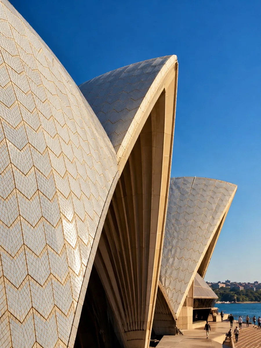 Close-up of the chevron pattern of glossy white and matte cream tiles on a Sydney Opera House shell
